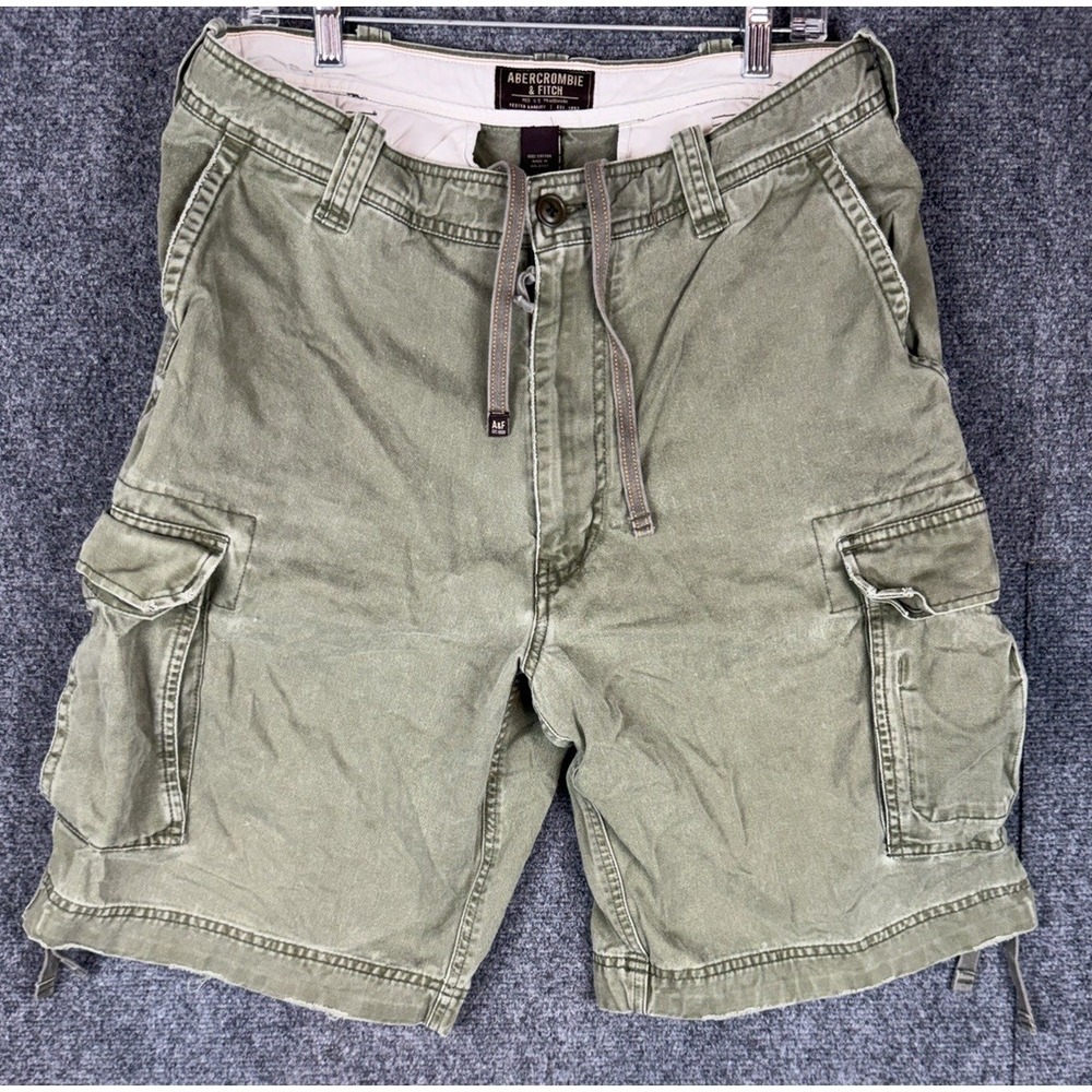 VTG Y2K Abercrombie & Fitch Mens Cargo Shorts Olive Green Distressed‎ Frayed 34